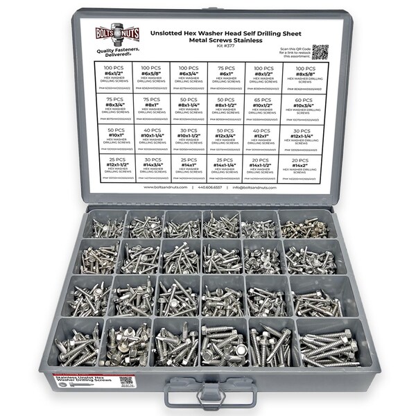 Boltsandnuts.Com Stainless Unslotted Hex Washer Head Self Drilling Screws - 1336 PCS Assortment Kit #377 - main